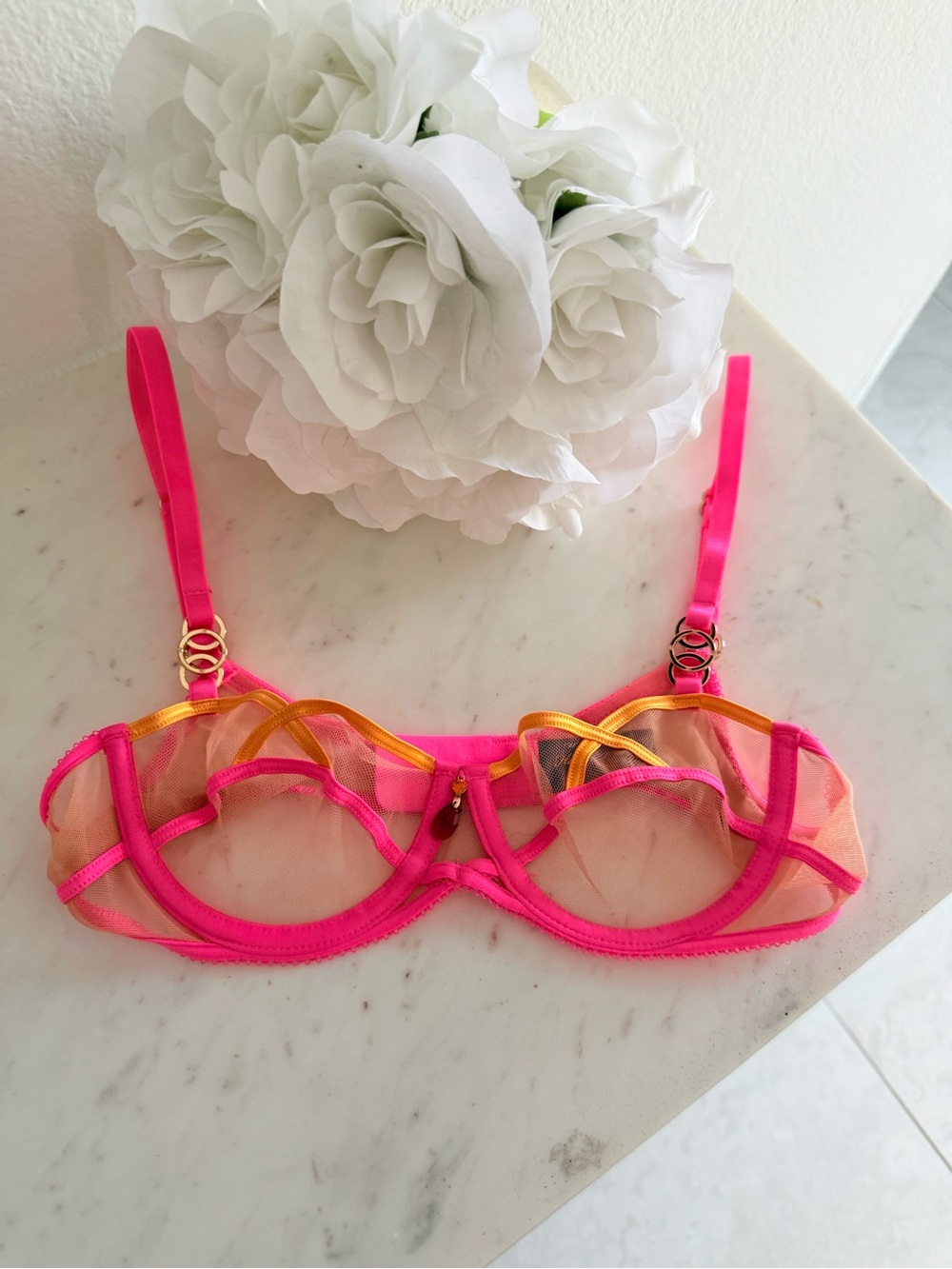 Honey Birdette Hot Pink & Coral Sheer Underwire Bra